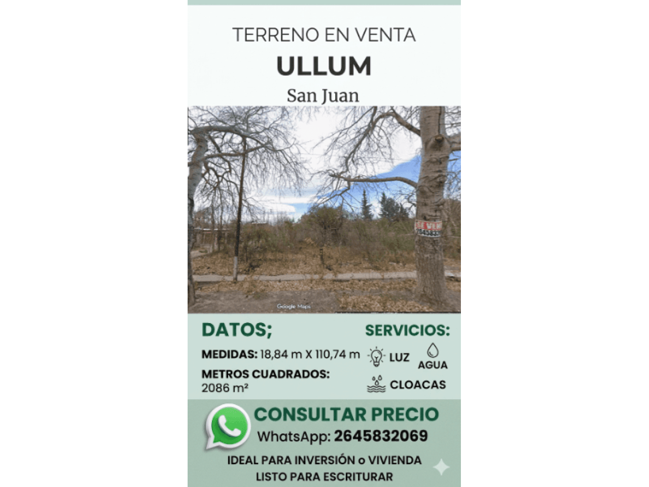 Lote En Ullum, Villa Ibáñez  Amplio Terreno 2200 M² Excelente Ubicación